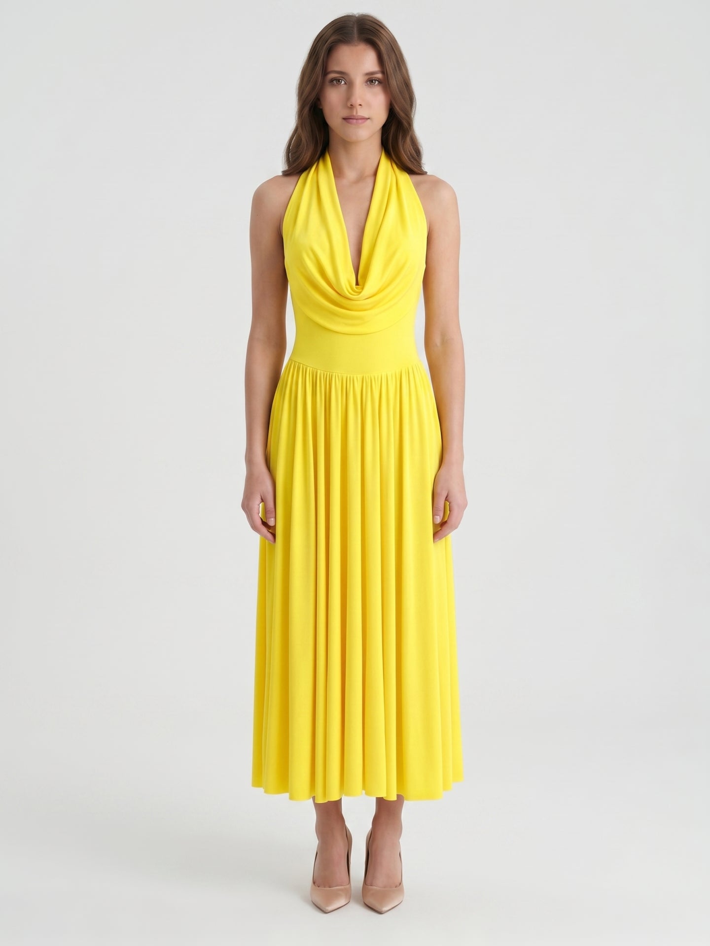 Lemon Stretch Knit A-Line Halter Backless Ankle-Length Bridesmaid Dress with Pleated Skirt
