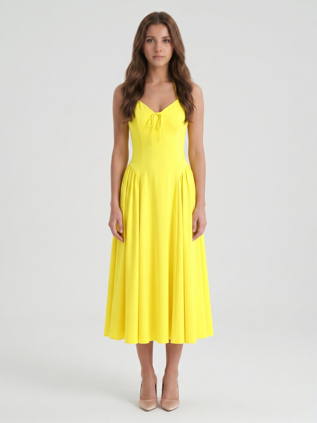 Lemon Stretch Knit A-Line Halter Backless Ankle-Length Bridesmaid Dress with Pleats-1