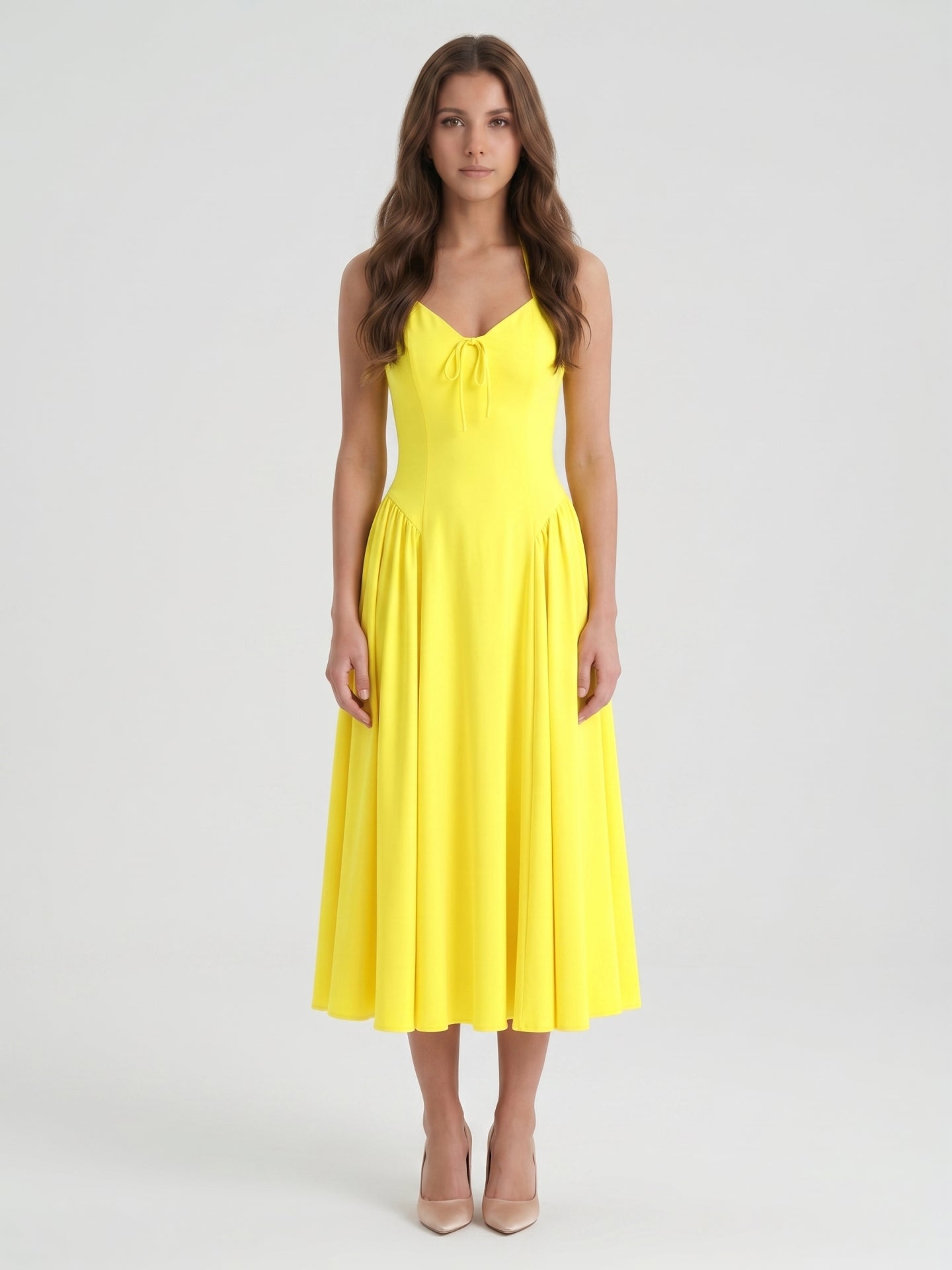 Lemon Stretch Knit A-Line Halter Backless Ankle-Length Bridesmaid Dress with Pleats-1