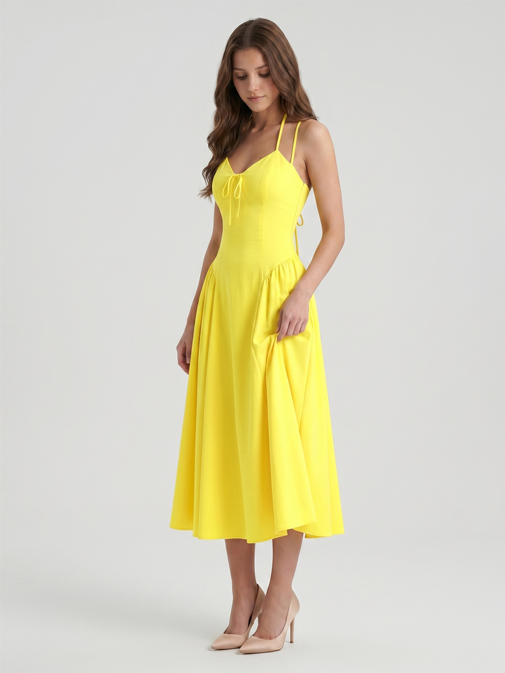 Lemon Stretch Knit A-Line Halter Backless Ankle-Length Bridesmaid Dress with Pleats-1