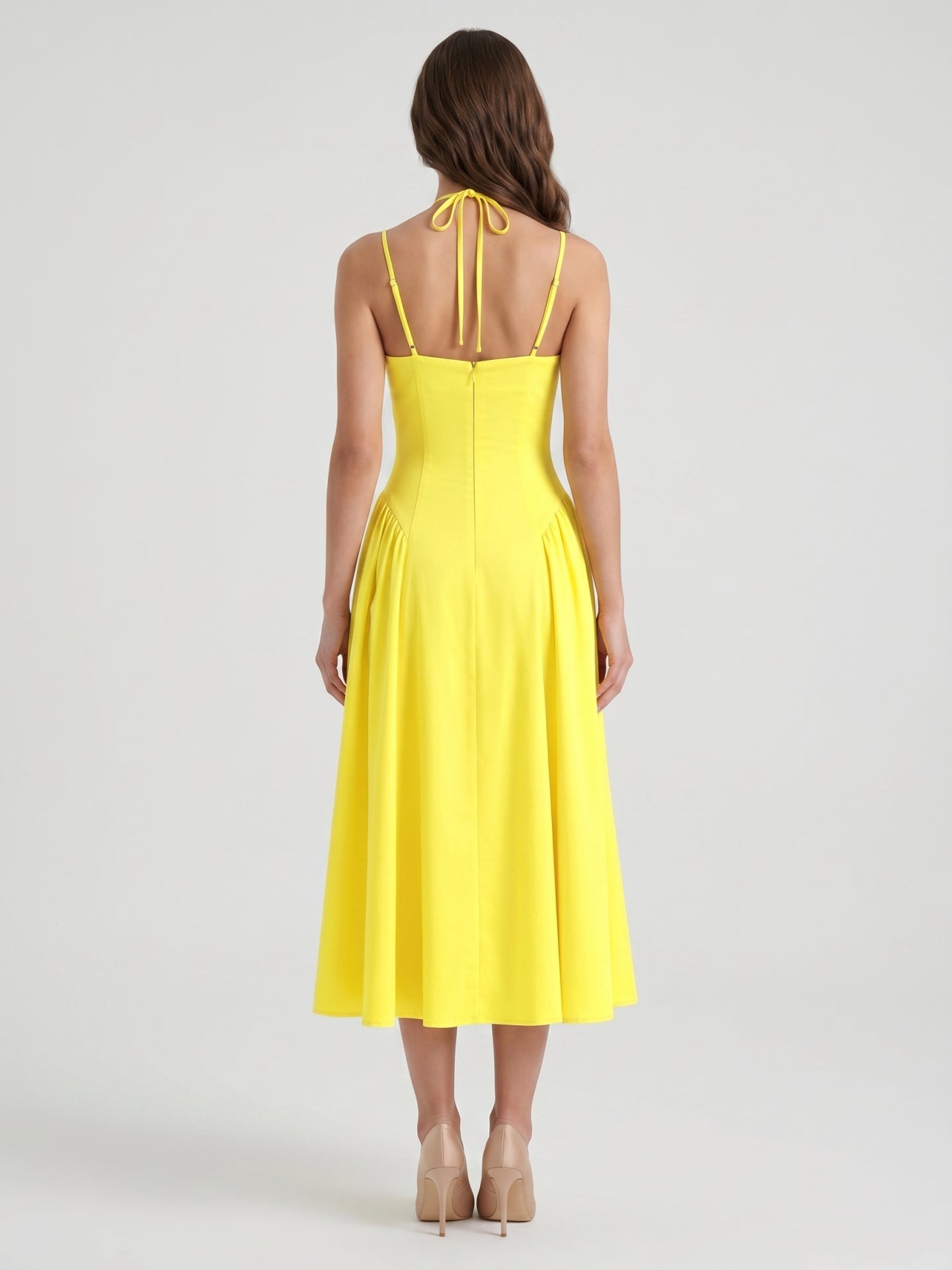 Lemon Stretch Knit A-Line Halter Backless Ankle-Length Bridesmaid Dress with Pleats-1
