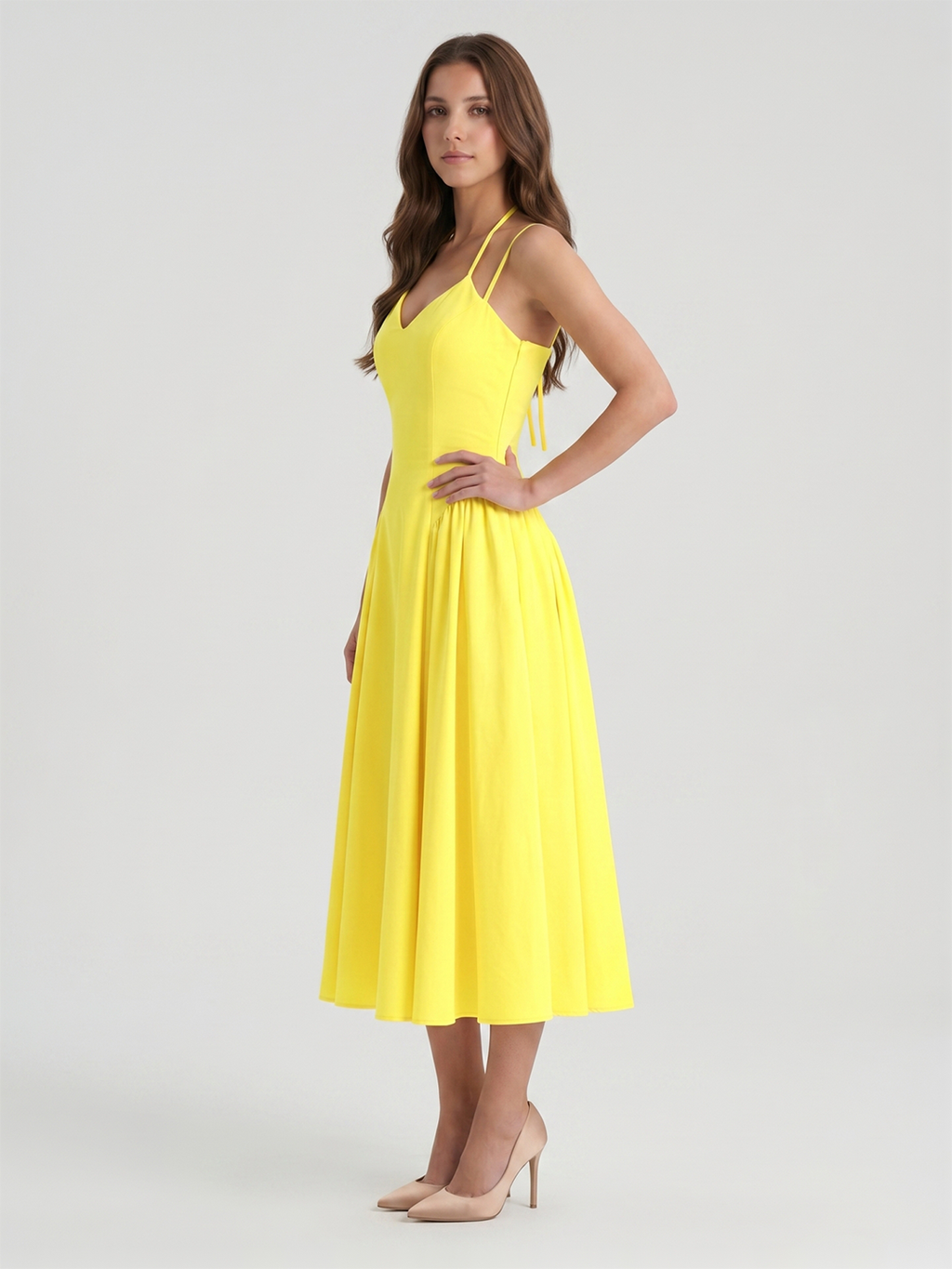 Lemon Stretch Knit A-Line Halter Backless Ankle-Length Bridesmaid Dress with Pleats-1