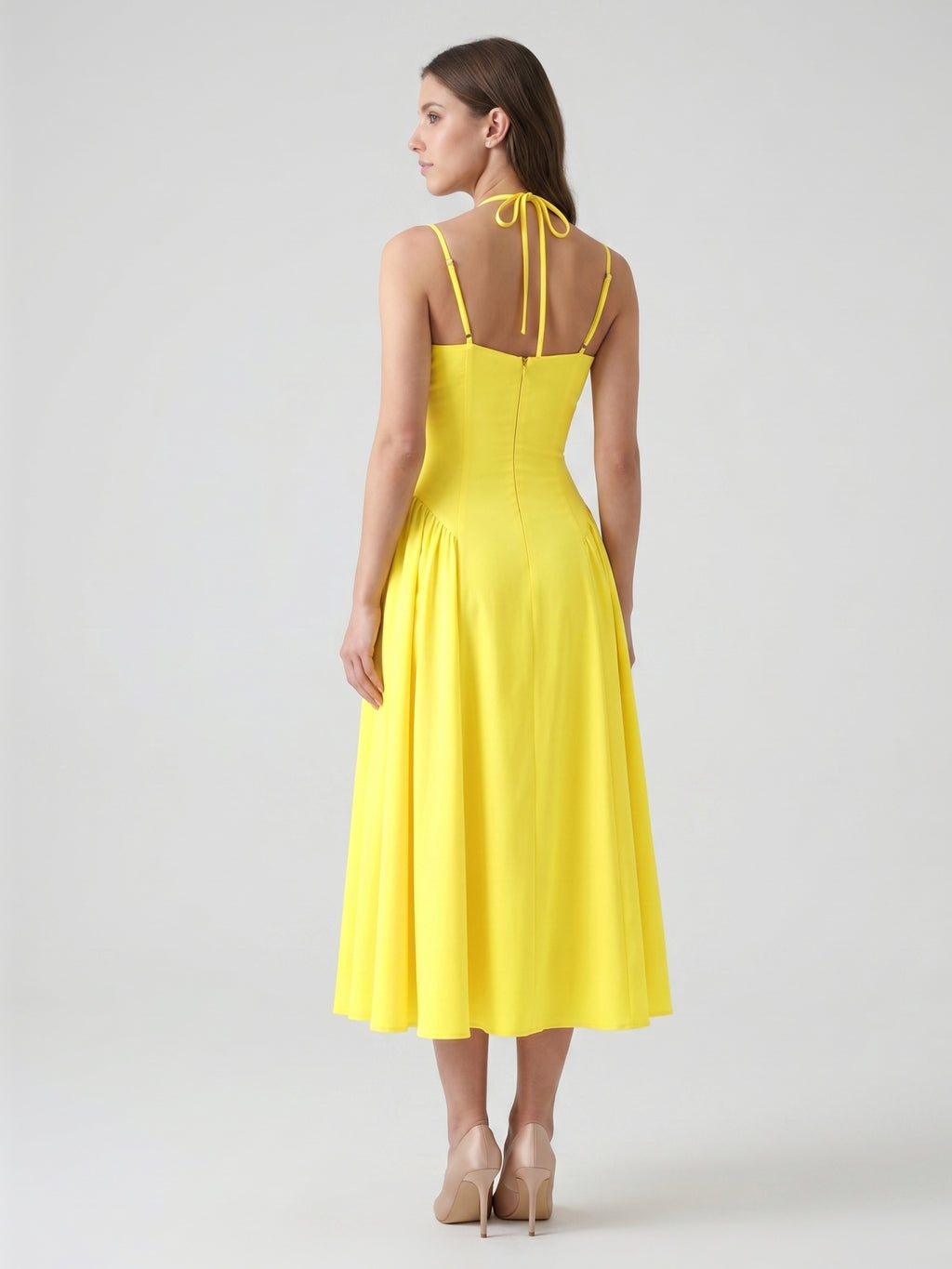 Lemon Stretch Knit A-Line Halter Backless Ankle-Length Bridesmaid Dress with Pleats-1