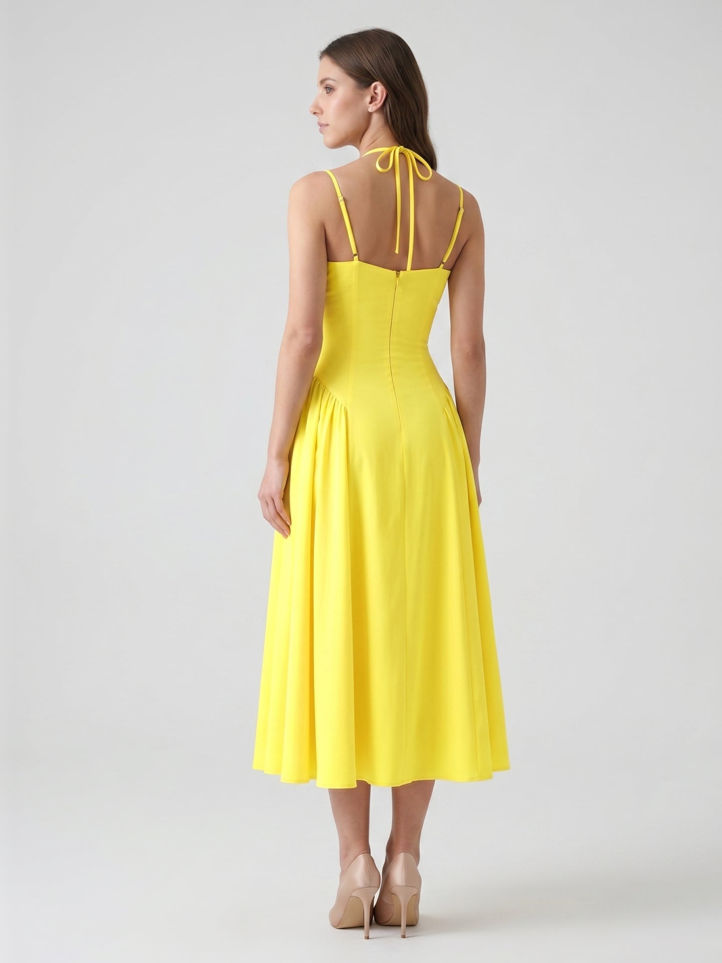 Lemon Stretch Knit A-Line Halter Backless Ankle-Length Bridesmaid Dress with Pleats-1