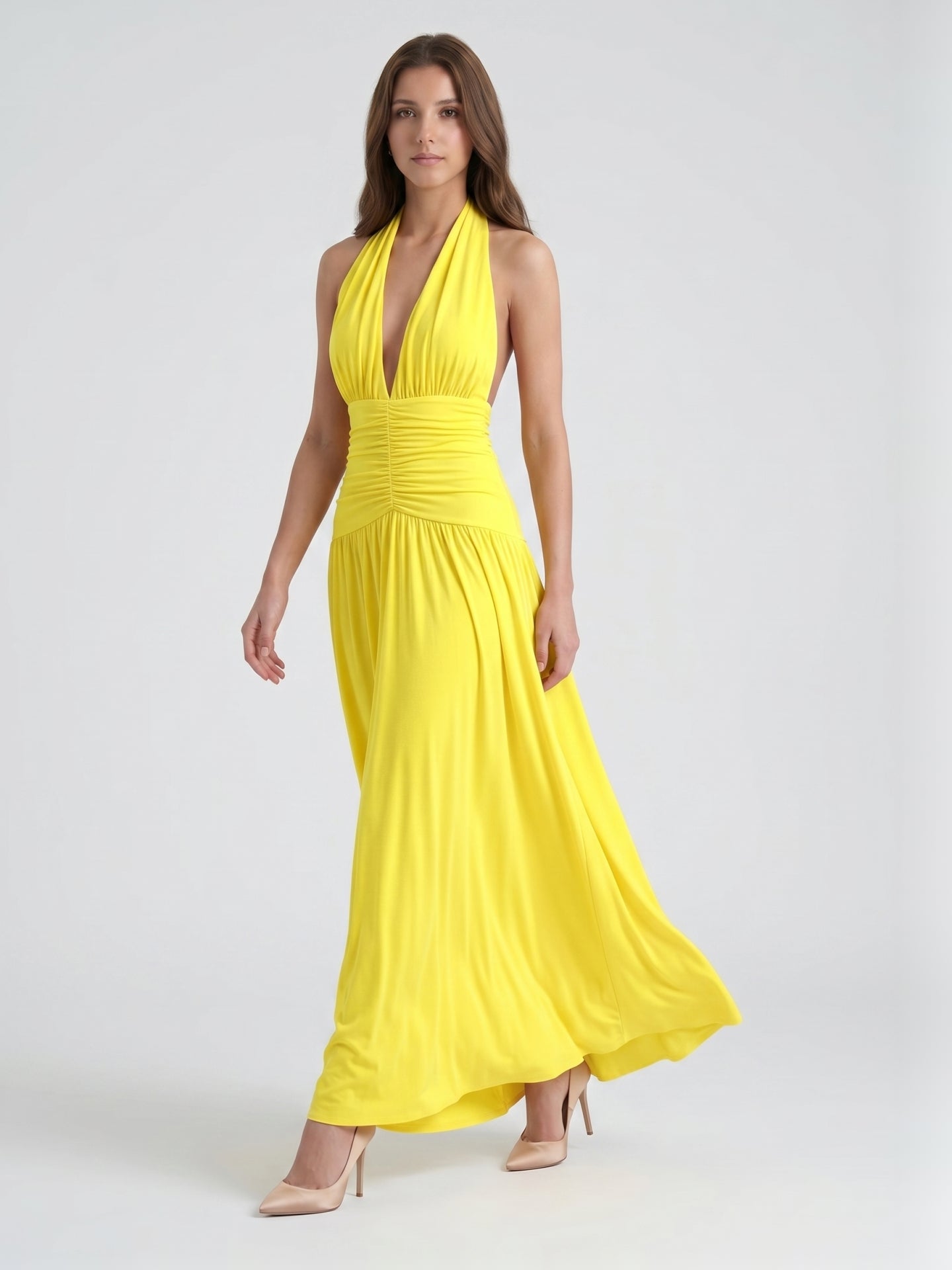 Lemon Stretch Knit A-Line Halter Backless Ankle-Length Bridesmaid Dress with Pleats