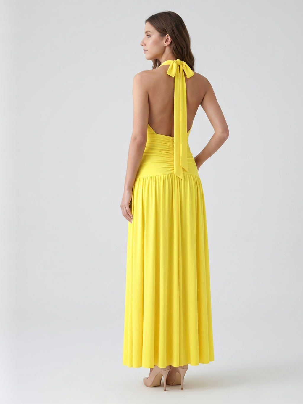 Lemon Stretch Knit A-Line Halter Backless Ankle-Length Bridesmaid Dress with Pleats