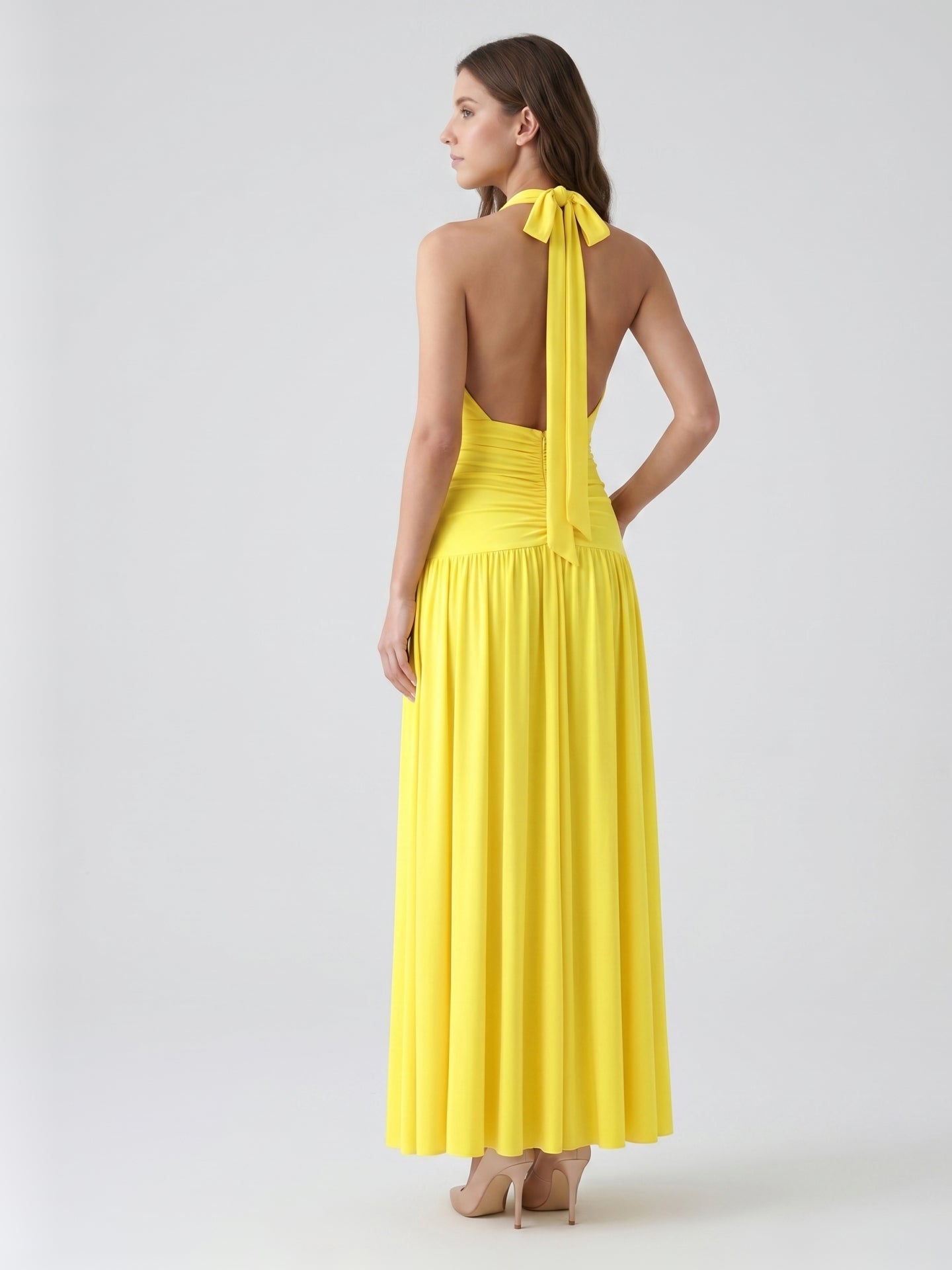 Lemon Stretch Knit A-Line Halter Backless Ankle-Length Bridesmaid Dress with Pleats