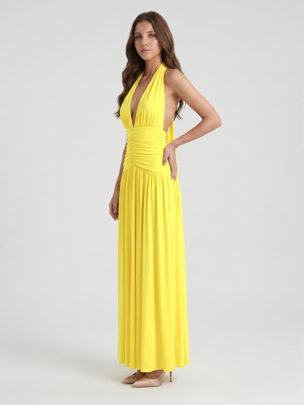 Lemon Stretch Knit A-Line Halter Backless Ankle-Length Bridesmaid Dress with Pleats