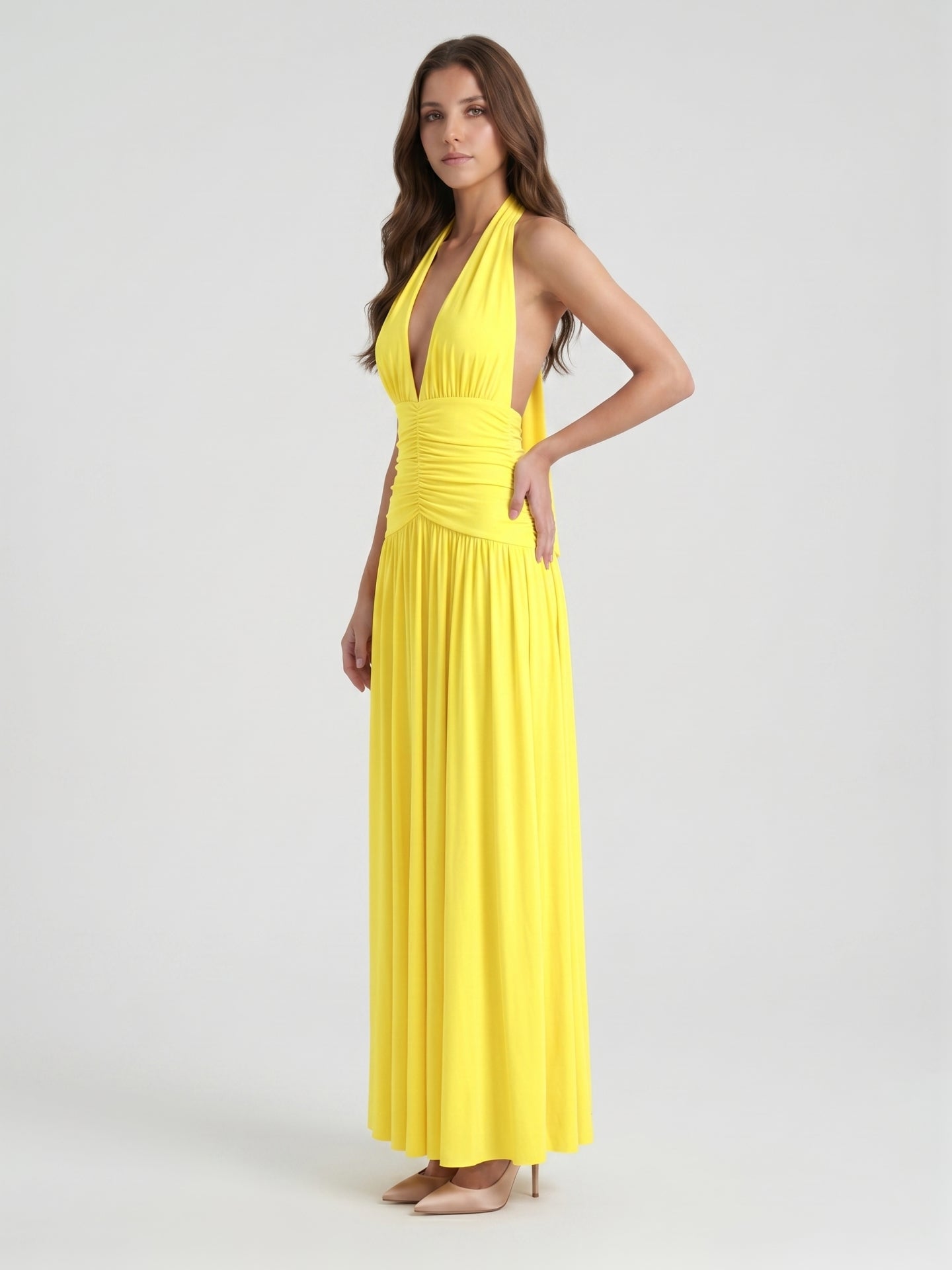 Lemon Stretch Knit A-Line Halter Backless Ankle-Length Bridesmaid Dress with Pleats