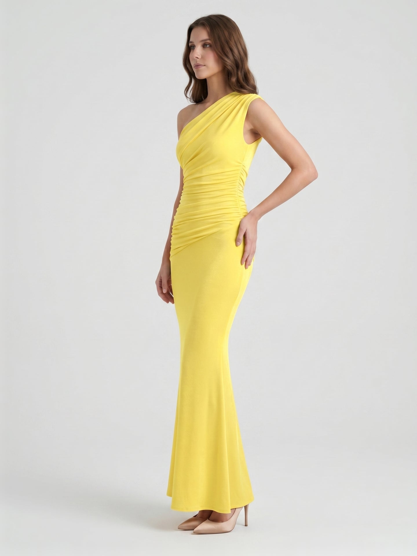 Lemon Stretch Knit Trumpet One Shoulder Backless Ankle-Length Bridesmaid Dress with Pleats