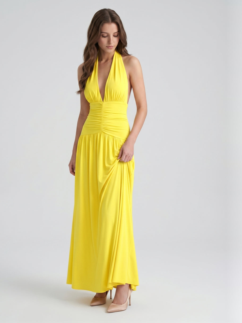 Lemon Stretch Knit A-Line Halter Backless Ankle-Length Bridesmaid Dress with Pleats