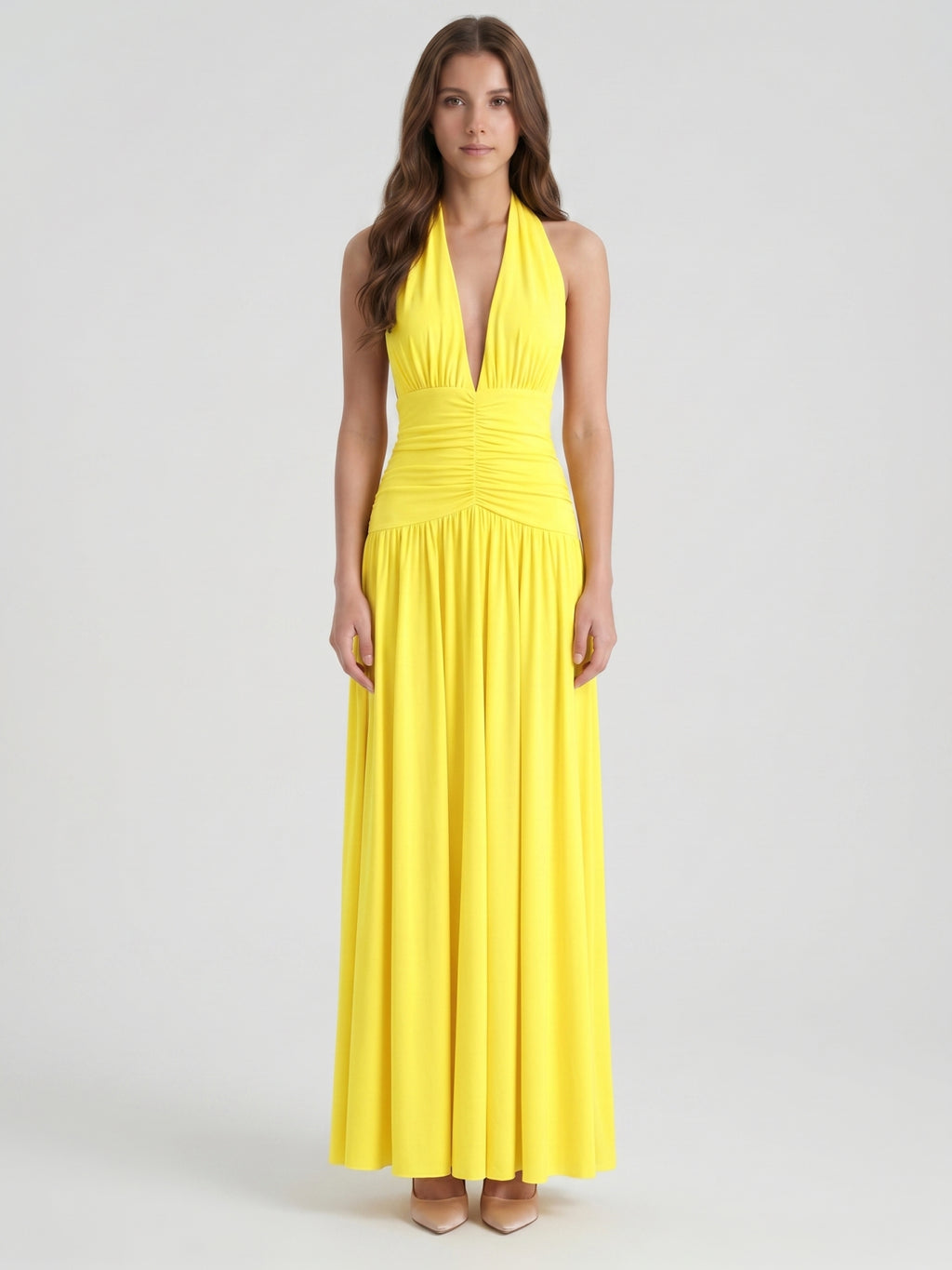 Lemon Stretch Knit A-Line Halter Backless Ankle-Length Bridesmaid Dress with Pleats