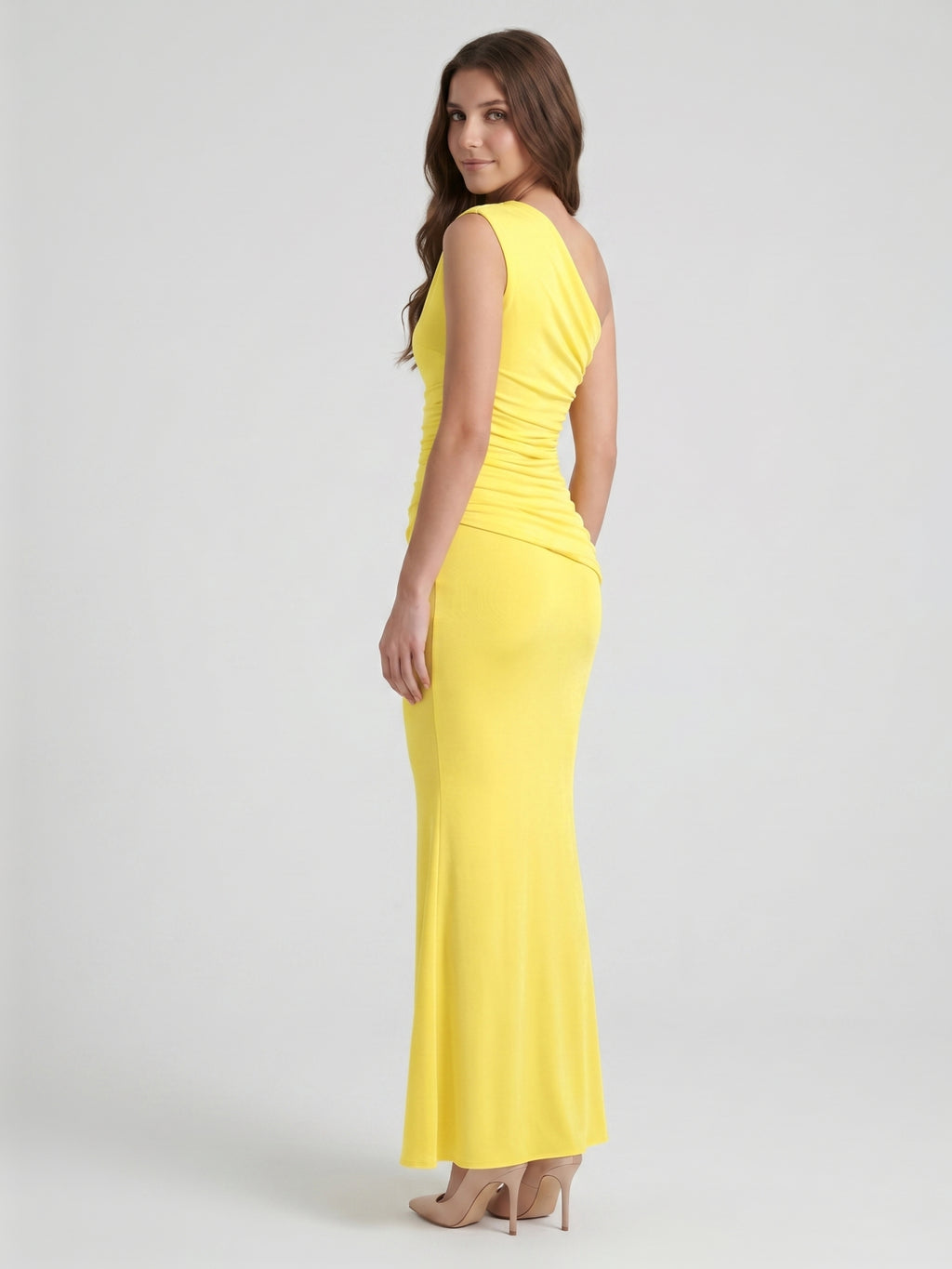 Lemon Stretch Knit Trumpet One Shoulder Backless Ankle-Length Bridesmaid Dress with Pleats