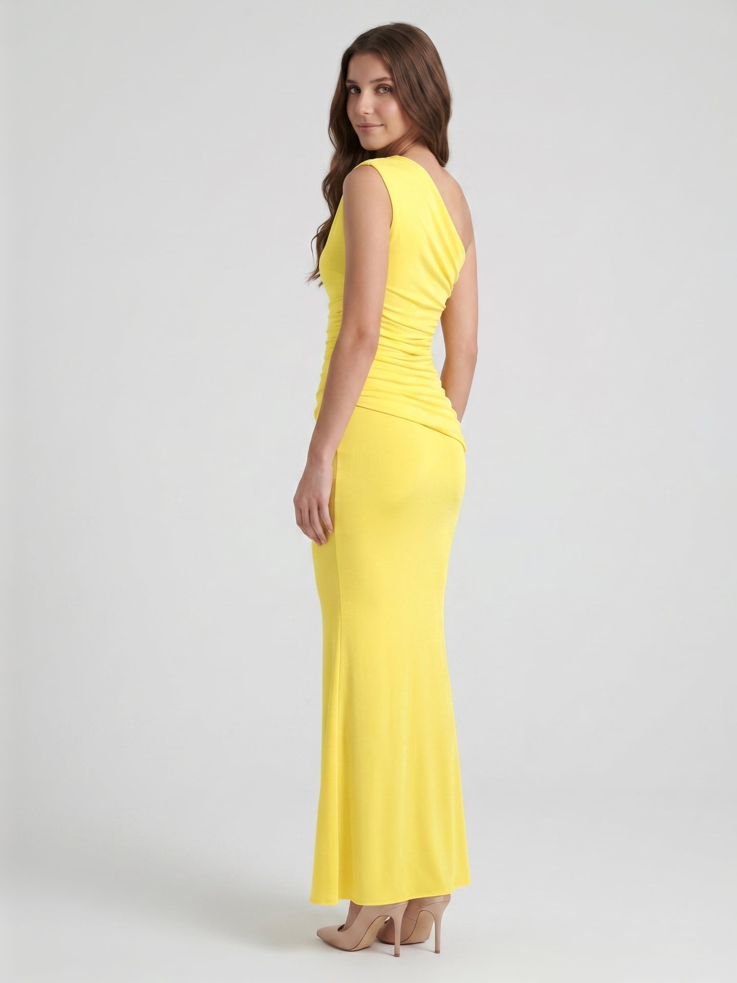 Lemon Stretch Knit Trumpet One Shoulder Backless Ankle-Length Bridesmaid Dress with Pleats