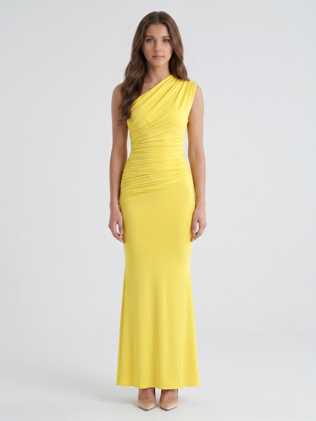 Lemon Stretch Knit Trumpet One Shoulder Backless Ankle-Length Bridesmaid Dress with Pleats