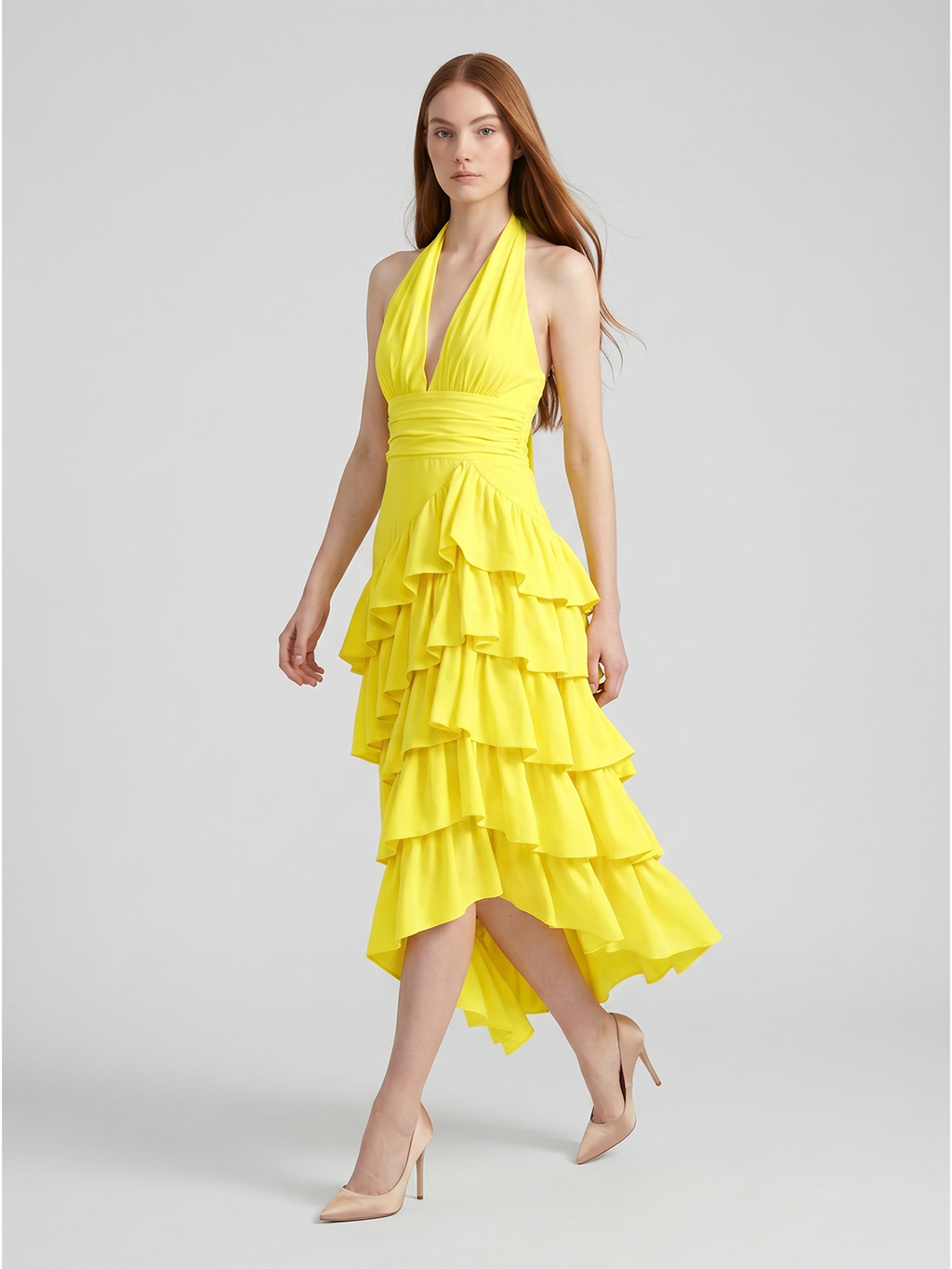 Lemon Stretch Knit A-Line Halter Backless Asymmetrical Bridesmaid Dress with Cascading Ruffles