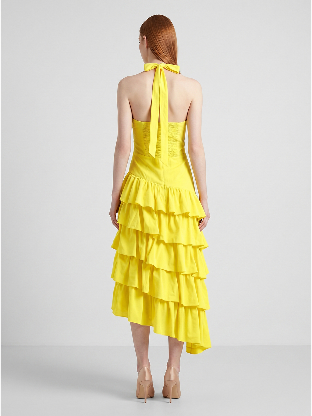 Lemon Stretch Knit A-Line Halter Backless Asymmetrical Bridesmaid Dress with Cascading Ruffles