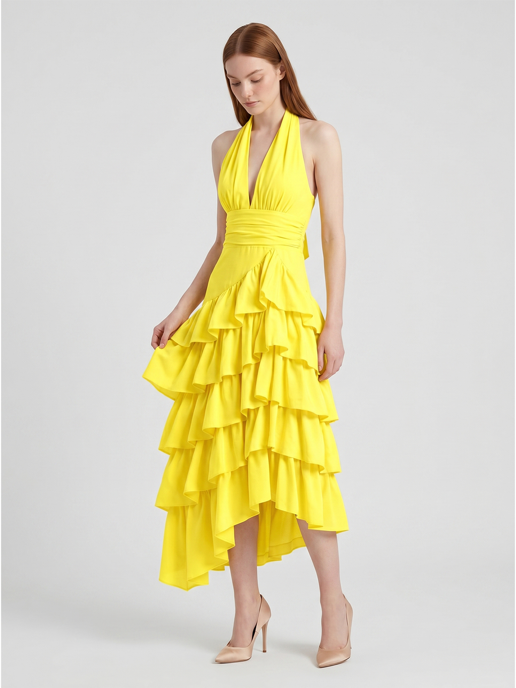 Lemon Stretch Knit A-Line Halter Backless Asymmetrical Bridesmaid Dress with Cascading Ruffles