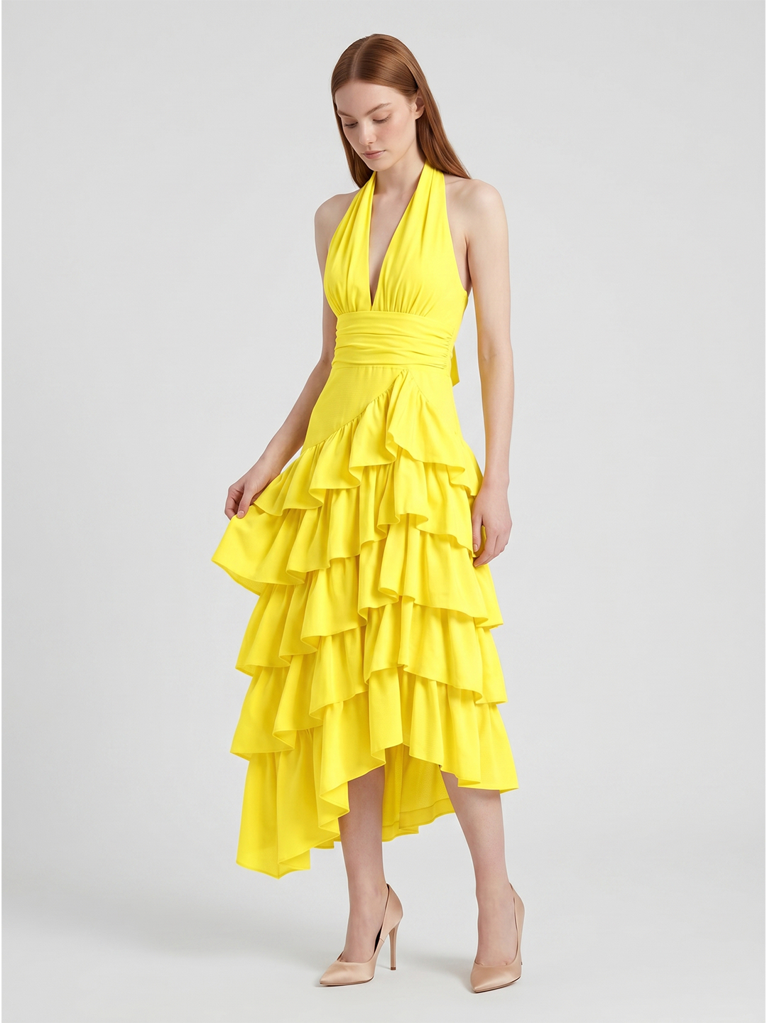 Lemon Stretch Knit A-Line Halter Backless Asymmetrical Bridesmaid Dress with Cascading Ruffles