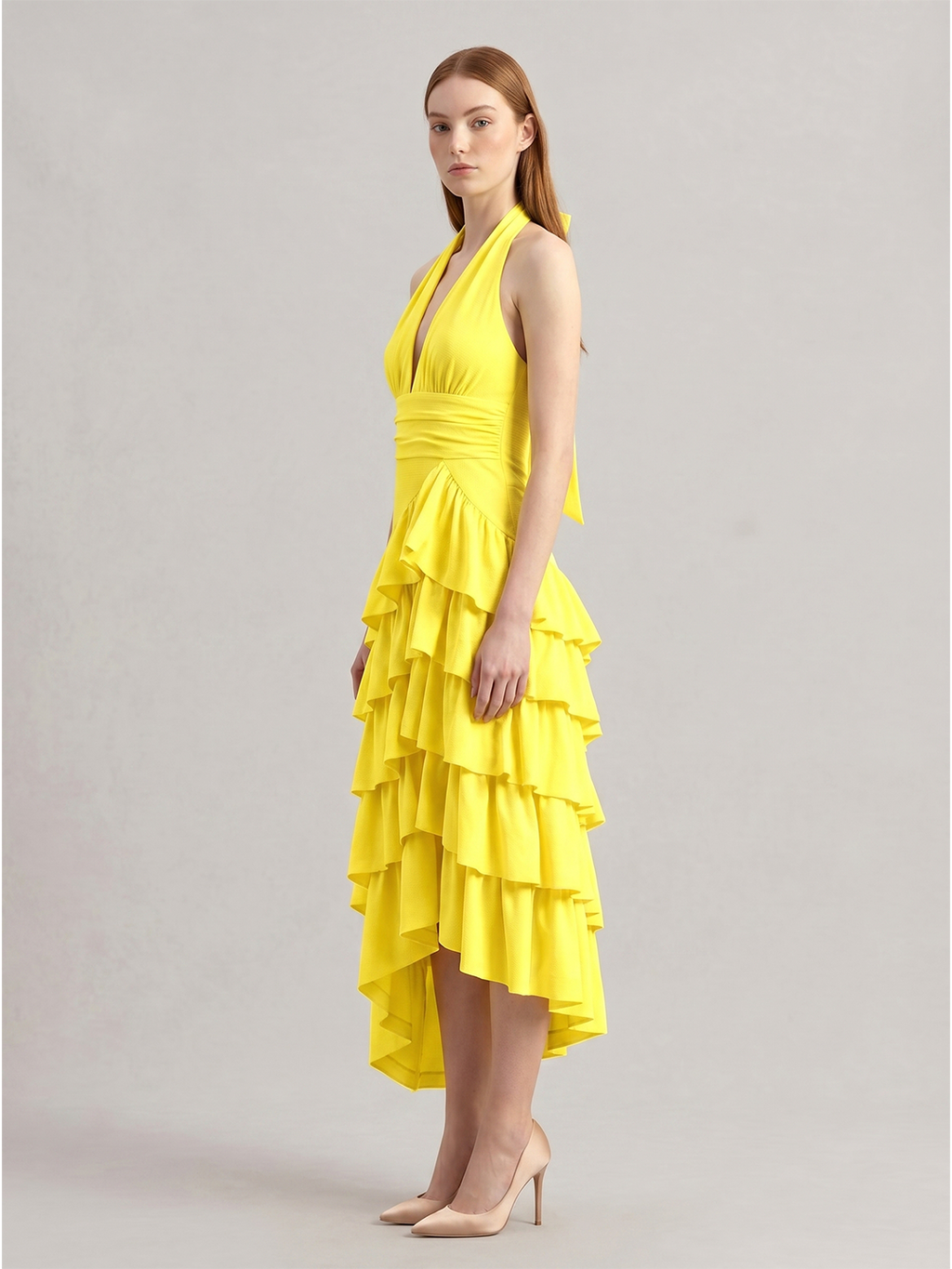 Lemon Stretch Knit A-Line Halter Backless Asymmetrical Bridesmaid Dress with Cascading Ruffles