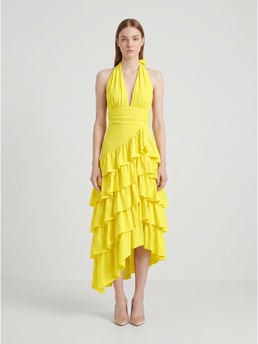 Lemon Stretch Knit A-Line Halter Backless Asymmetrical Bridesmaid Dress with Cascading Ruffles