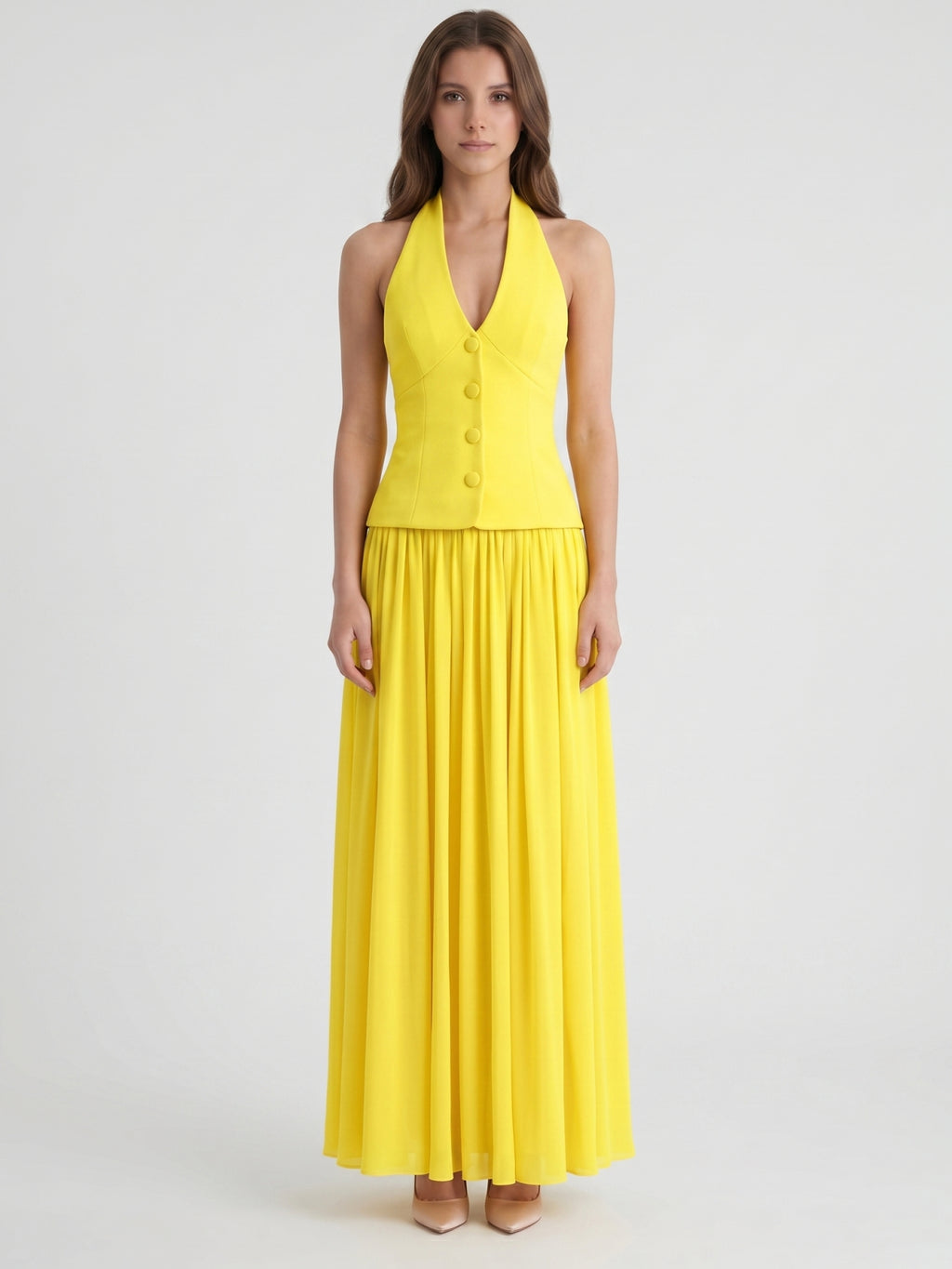 Lemon Stretch Knit A-Line Halter Backless Floor-Length Bridesmaid Dress