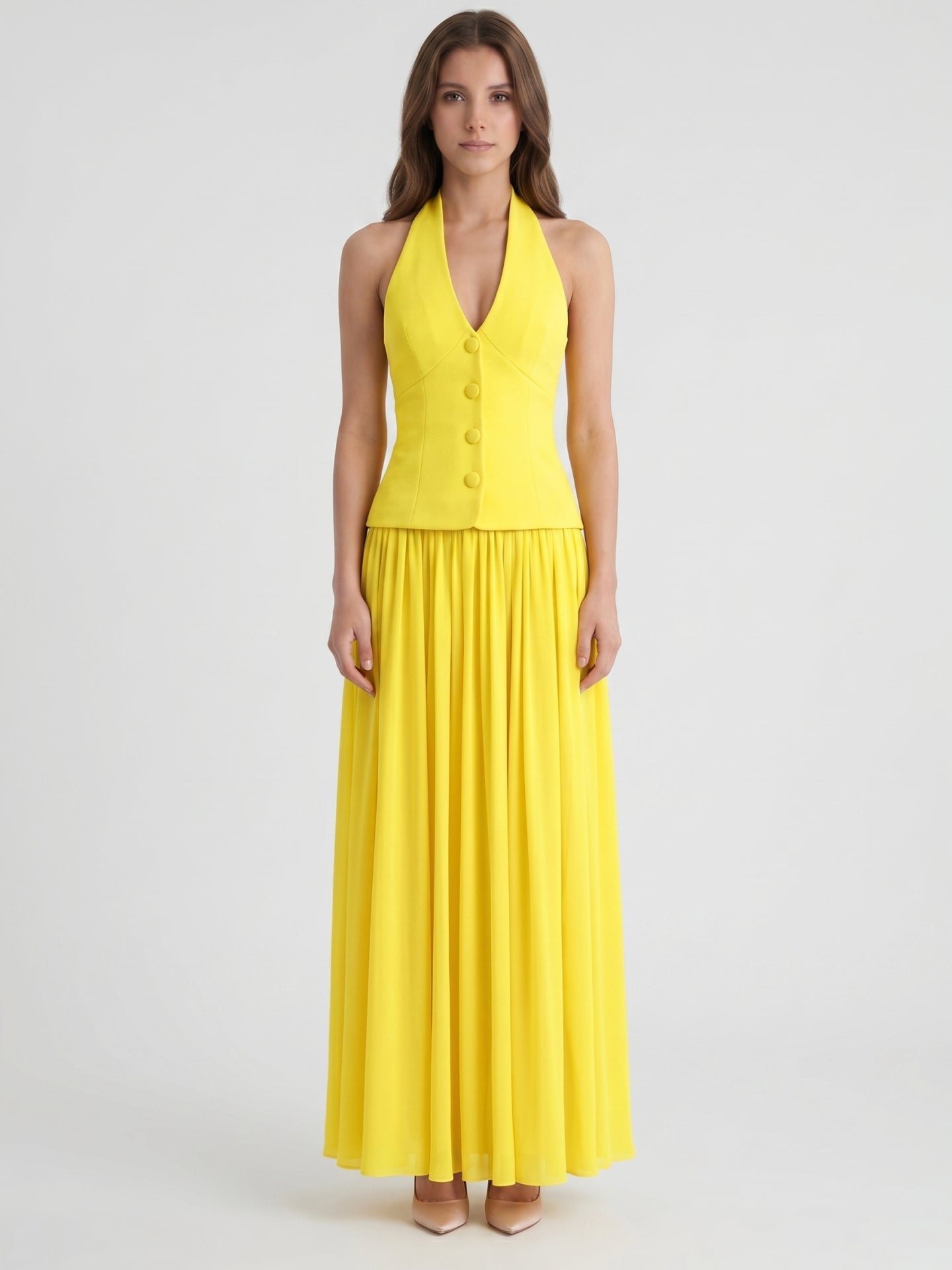 Lemon Stretch Knit A-Line Halter Backless Floor-Length Bridesmaid Dress
