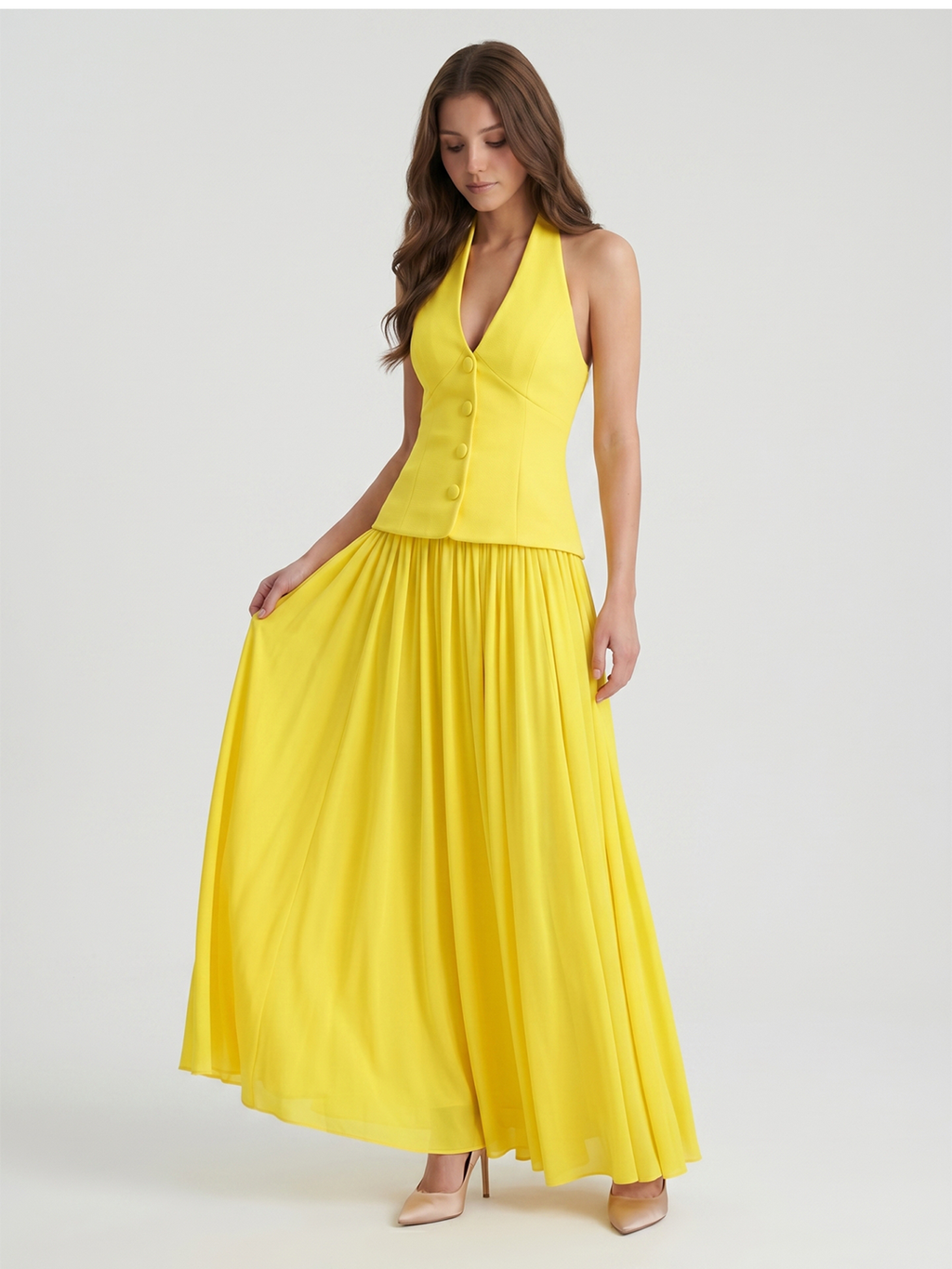 Lemon Stretch Knit A-Line Halter Backless Floor-Length Bridesmaid Dress
