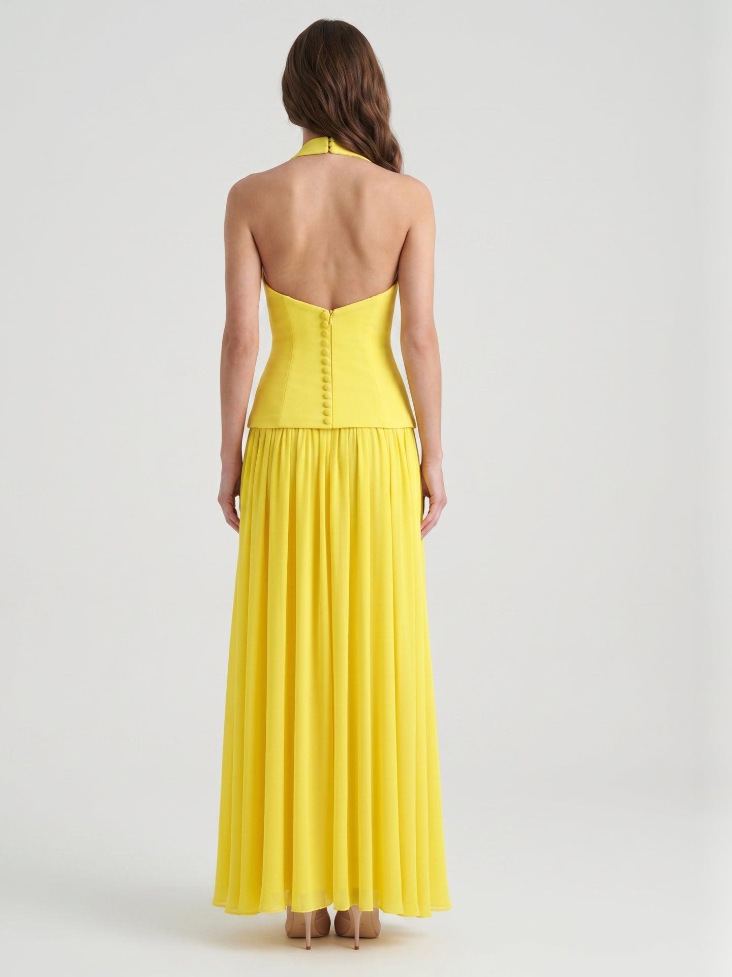 Lemon Stretch Knit A-Line Halter Backless Floor-Length Bridesmaid Dress