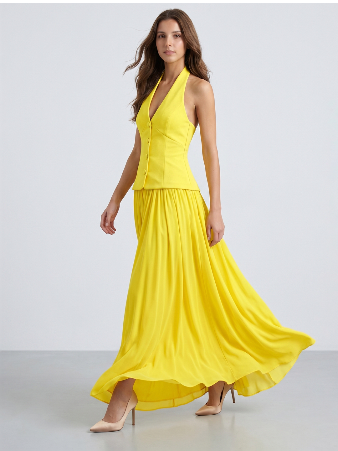 Lemon Stretch Knit A-Line Halter Backless Floor-Length Bridesmaid Dress