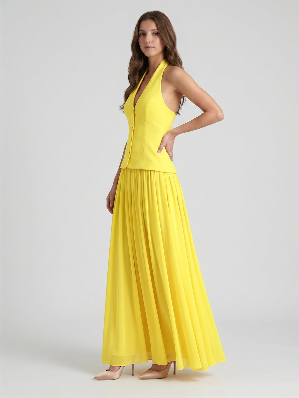 Lemon Stretch Knit A-Line Halter Backless Floor-Length Bridesmaid Dress