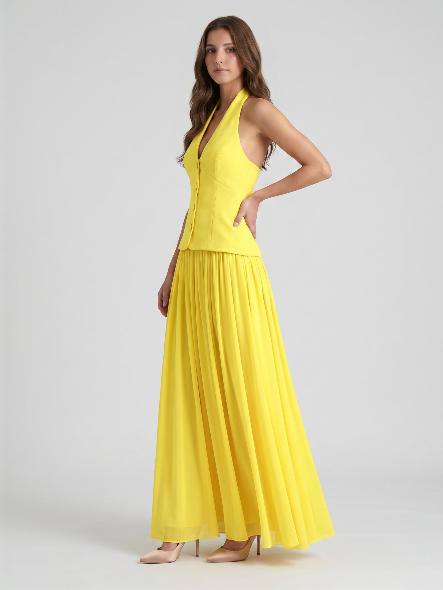 Lemon Stretch Knit A-Line Halter Backless Floor-Length Bridesmaid Dress