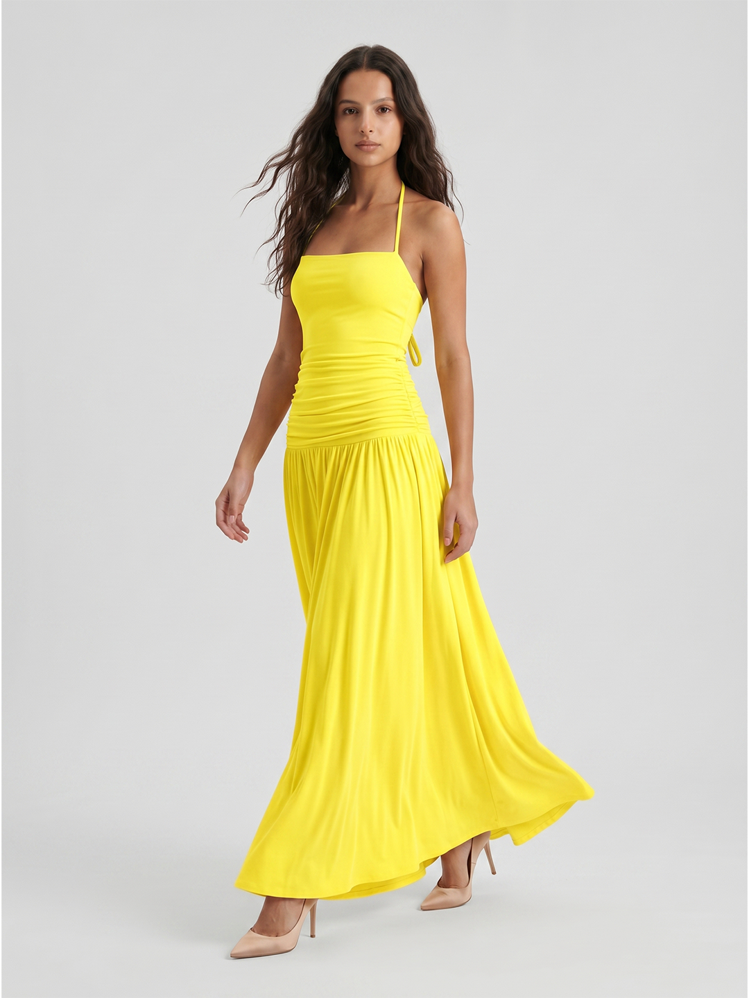 Lemon Stretch Knit A-Line Halter Backless Floor-Length Bridesmaid Dress with Pleats
