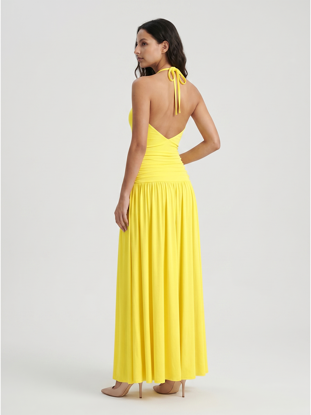 Lemon Stretch Knit A-Line Halter Backless Floor-Length Bridesmaid Dress with Pleats