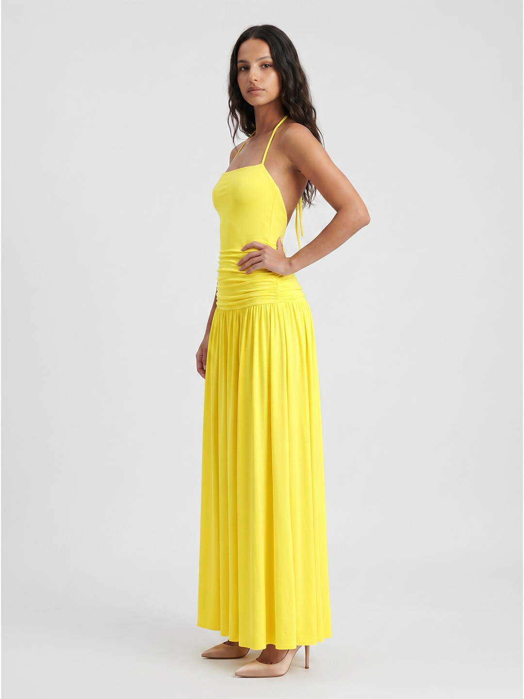 Lemon Stretch Knit A-Line Halter Backless Floor-Length Bridesmaid Dress with Pleats