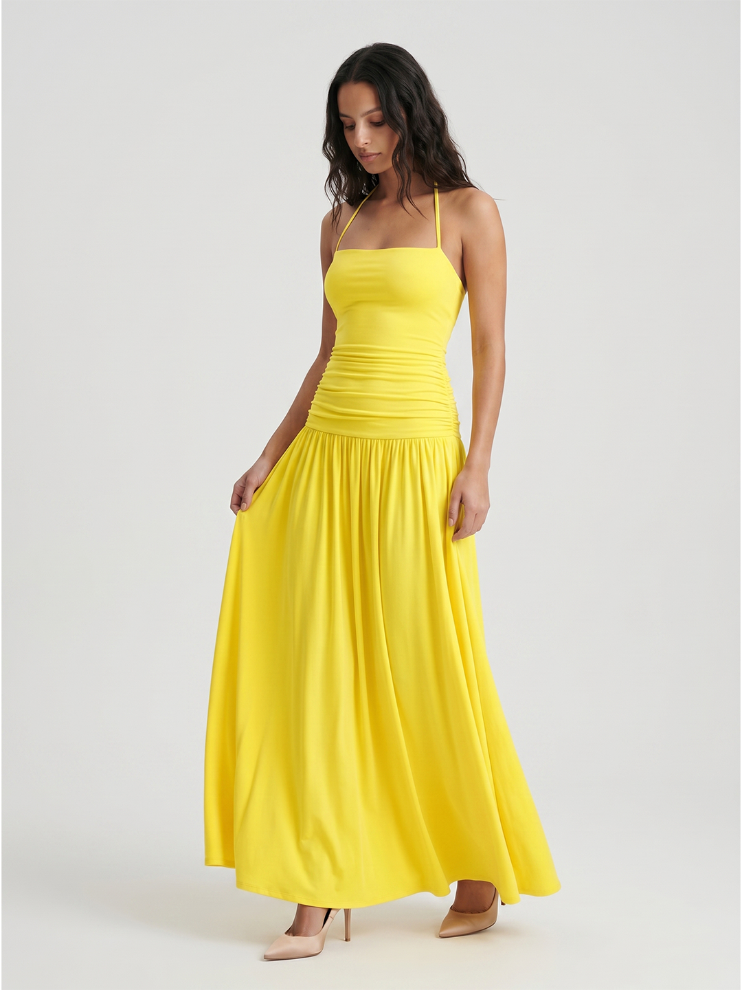 Lemon Stretch Knit A-Line Halter Backless Floor-Length Bridesmaid Dress with Pleats