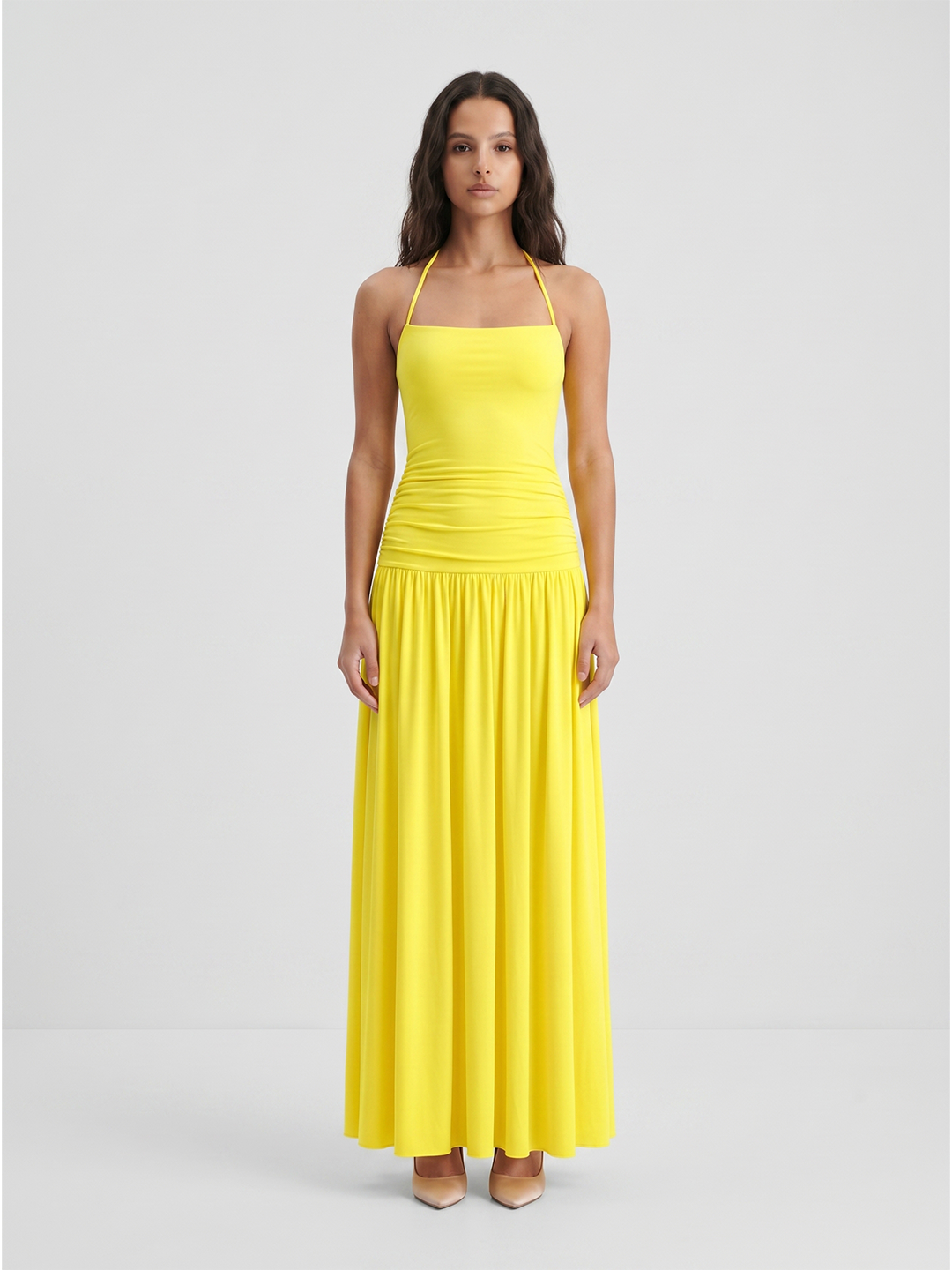 Lemon Stretch Knit A-Line Halter Backless Floor-Length Bridesmaid Dress with Pleats