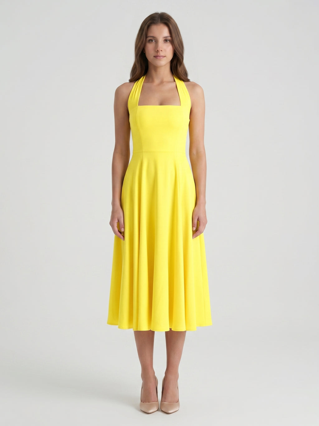 Lemon Stretch Knit A-Line Halter Backless Knee-Length Bridesmaid Dress