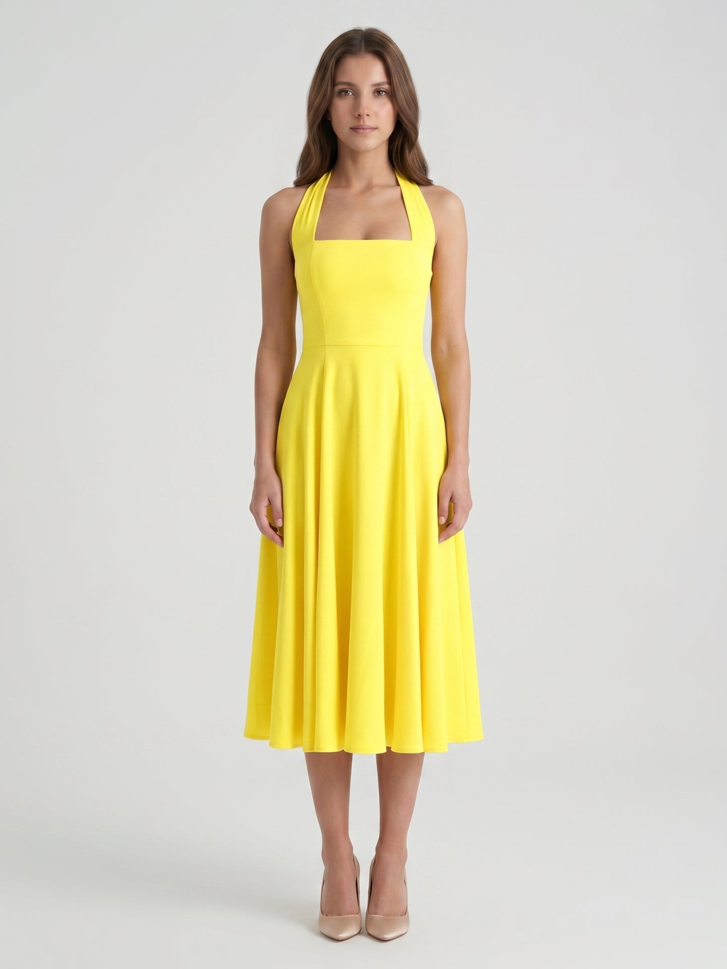 Lemon Stretch Knit A-Line Halter Backless Knee-Length Bridesmaid Dress