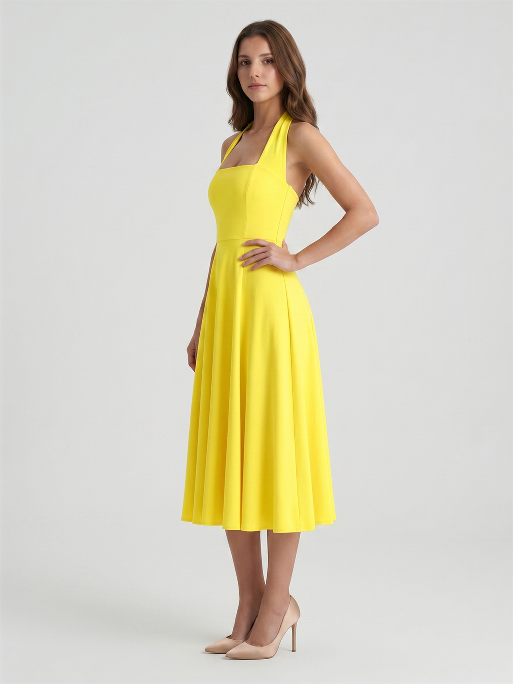 Lemon Stretch Knit A-Line Halter Backless Knee-Length Bridesmaid Dress