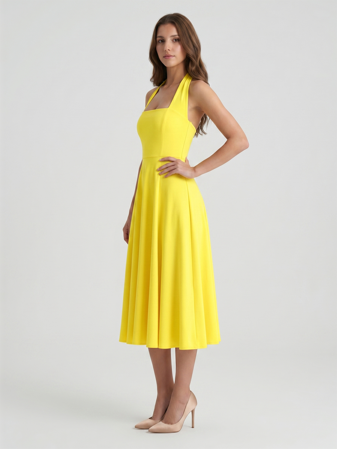 Lemon Stretch Knit A-Line Halter Backless Knee-Length Bridesmaid Dress