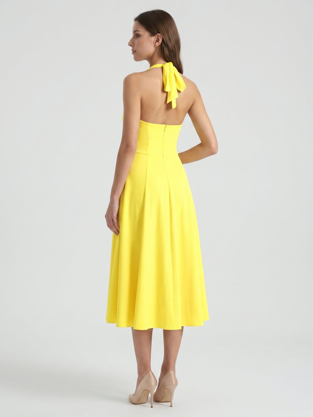 Lemon Stretch Knit A-Line Halter Backless Knee-Length Bridesmaid Dress
