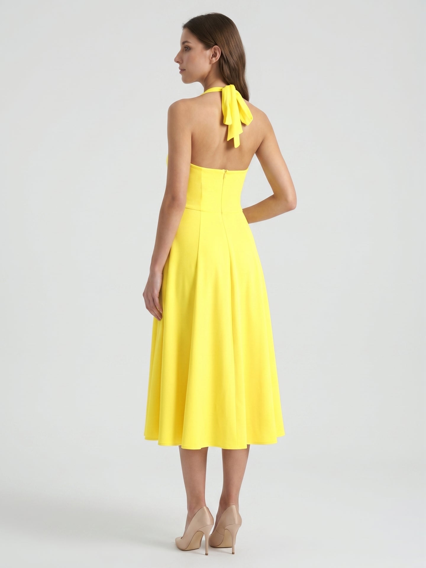 Lemon Stretch Knit A-Line Halter Backless Knee-Length Bridesmaid Dress