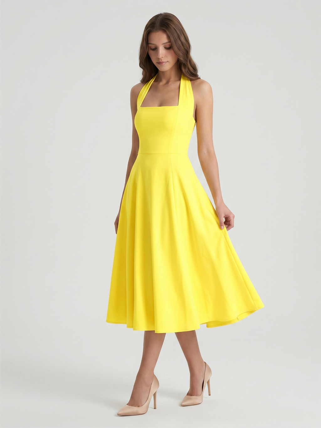 Lemon Stretch Knit A-Line Halter Backless Knee-Length Bridesmaid Dress