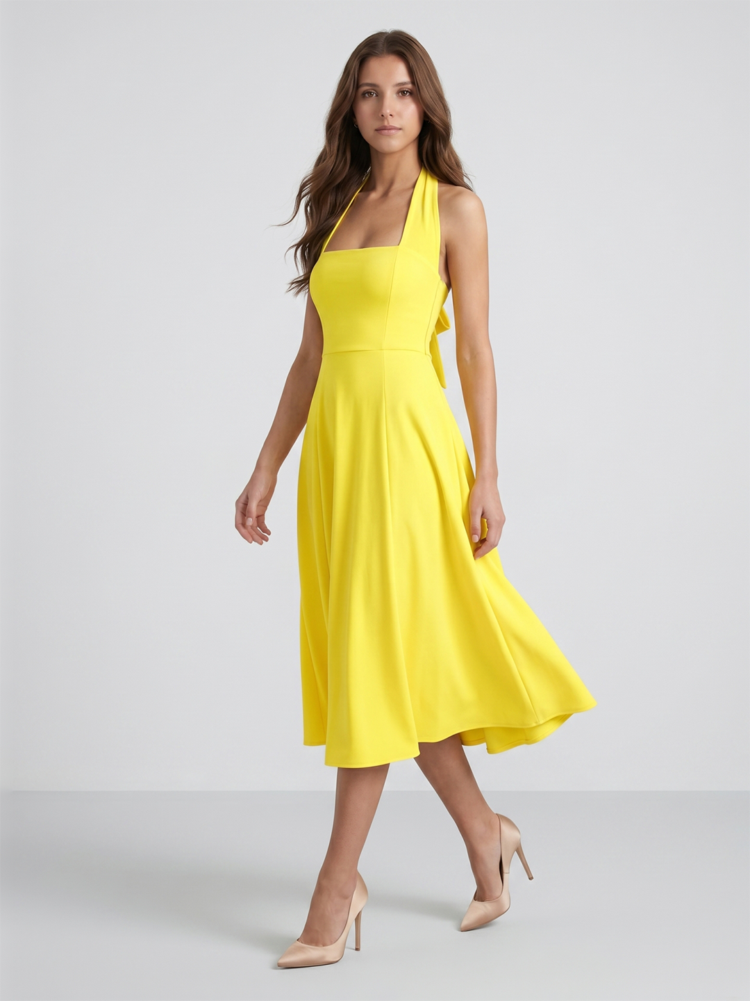 Lemon Stretch Knit A-Line Halter Backless Knee-Length Bridesmaid Dress