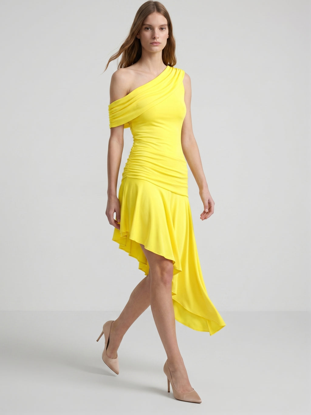 Lemon Stretch Knit A-Line One Shoulder Backless Asymmetrical Bridesmaid Dress with Pleats