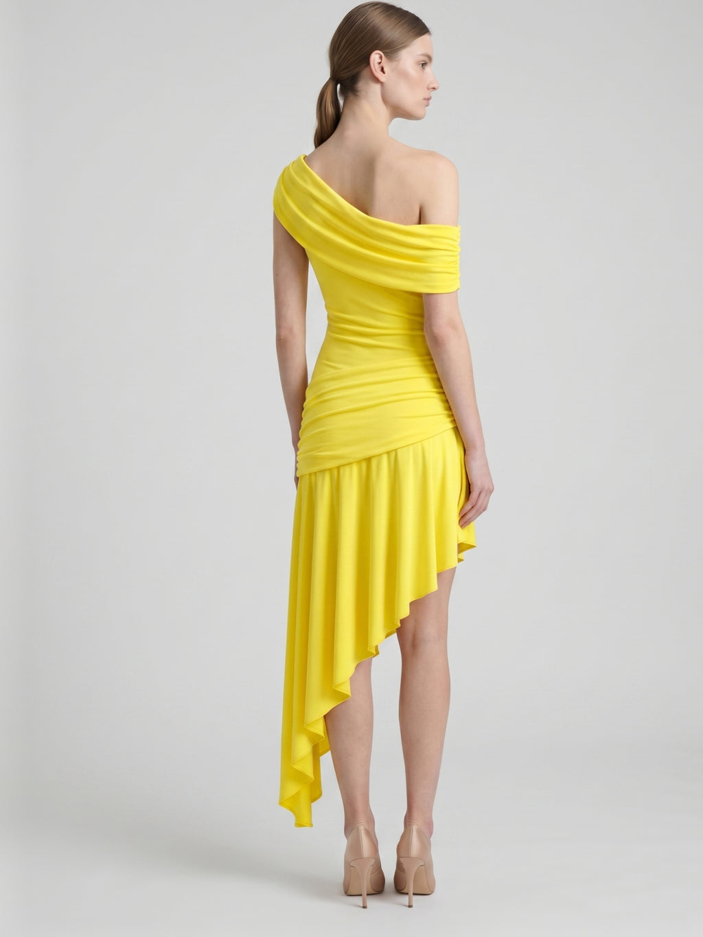Lemon Stretch Knit A-Line One Shoulder Backless Asymmetrical Bridesmaid Dress with Pleats