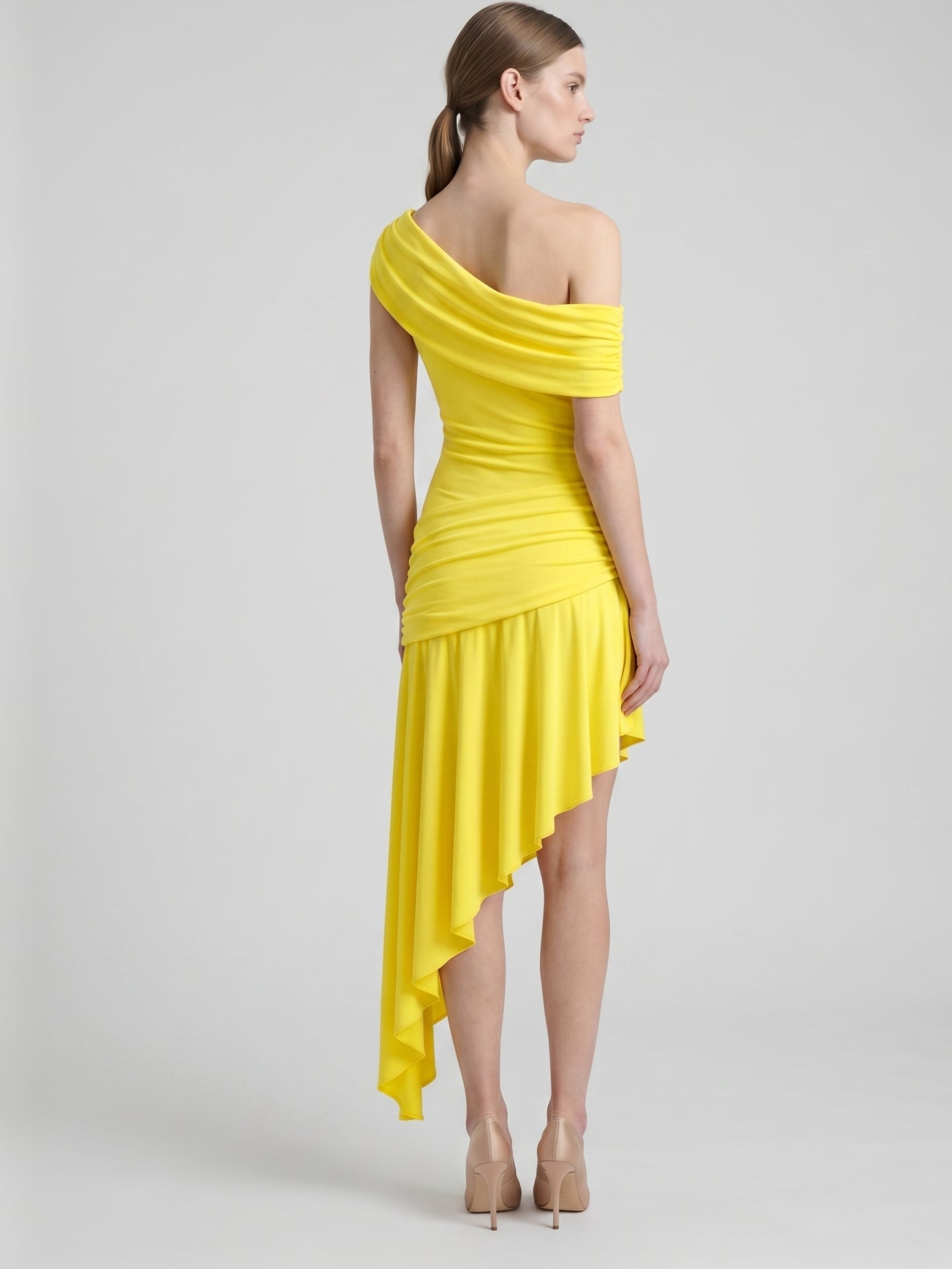 Lemon Stretch Knit A-Line One Shoulder Backless Asymmetrical Bridesmaid Dress with Pleats