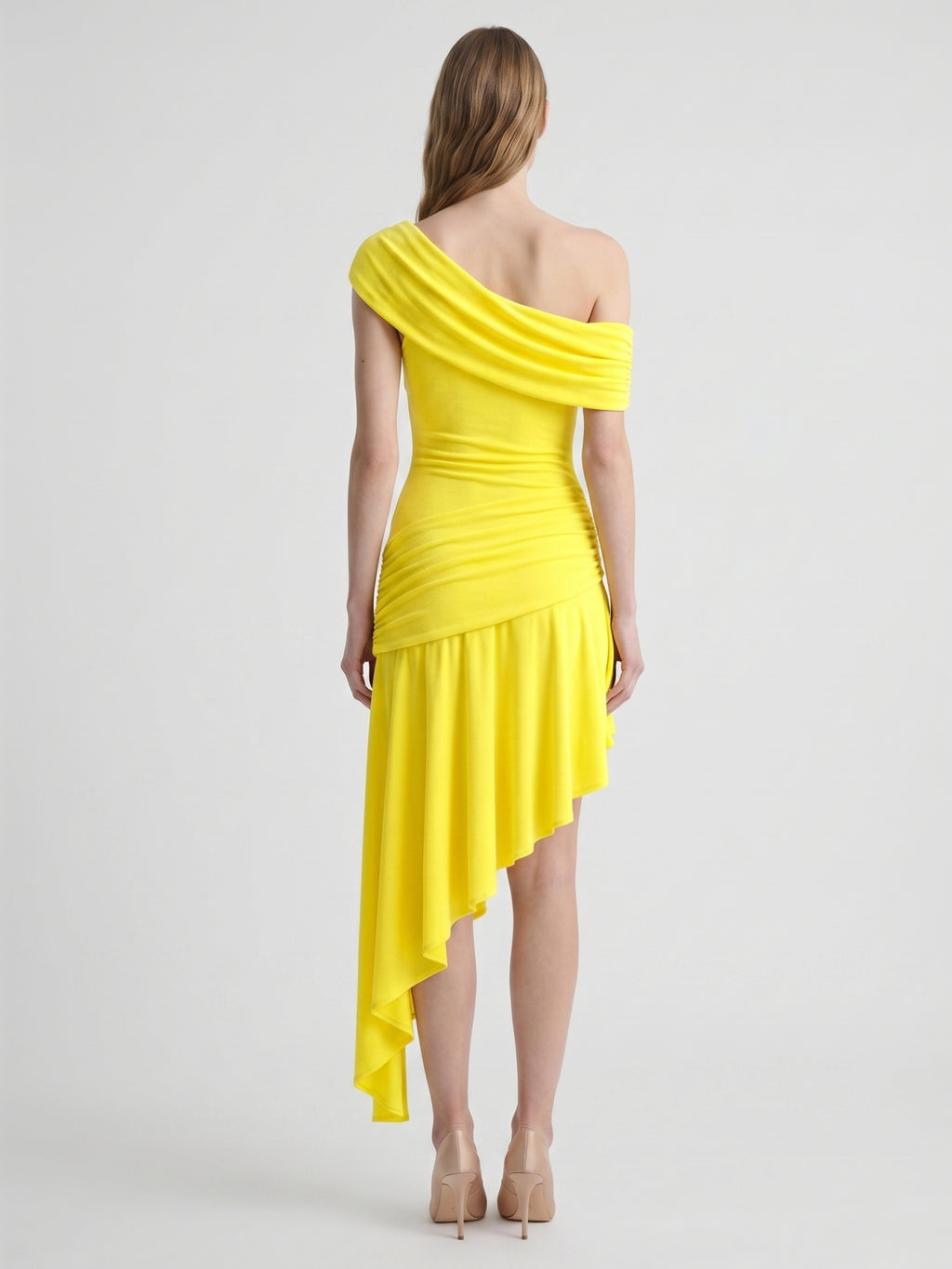 Lemon Stretch Knit A-Line One Shoulder Backless Asymmetrical Bridesmaid Dress with Pleats
