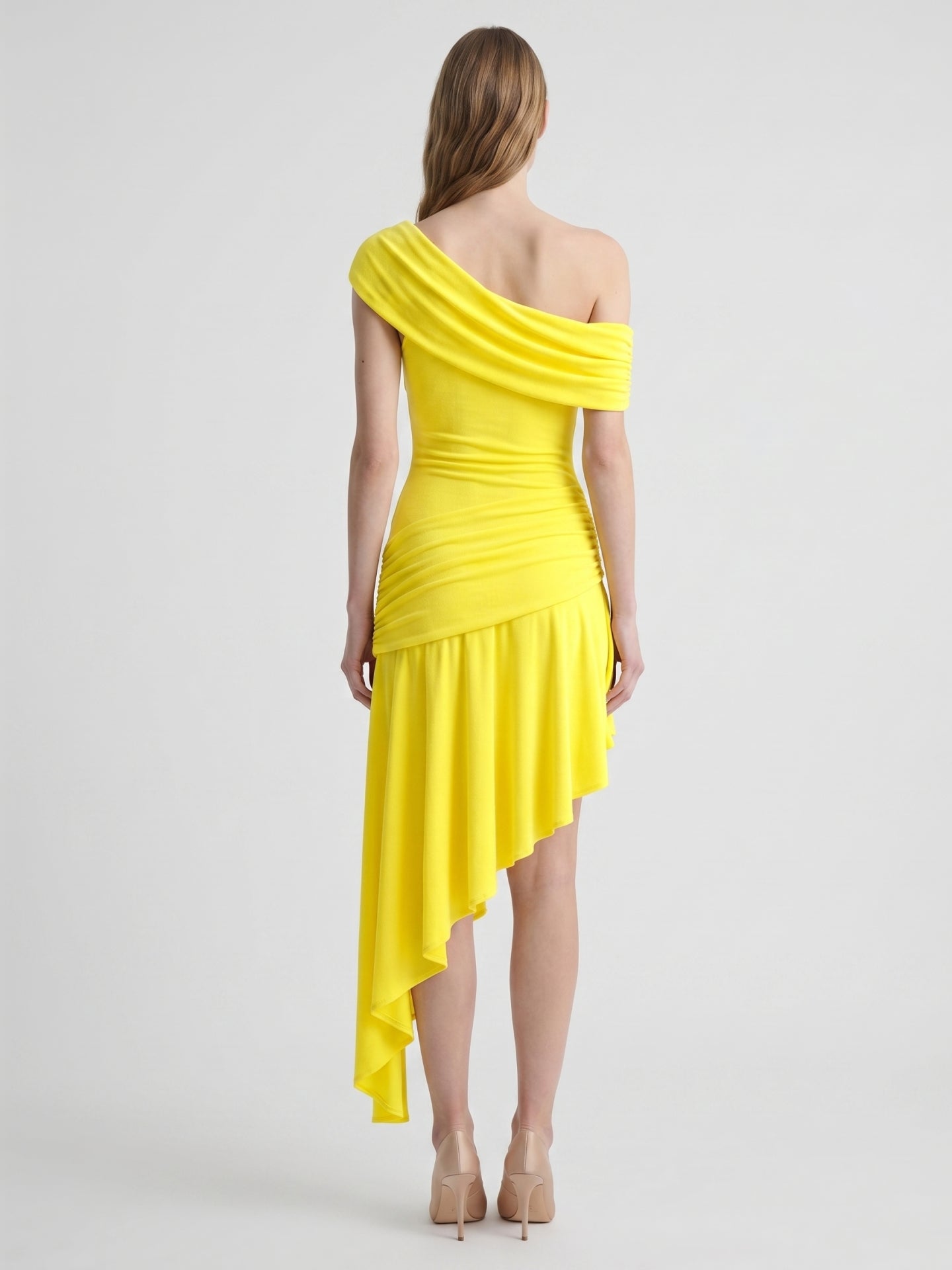 Lemon Stretch Knit A-Line One Shoulder Backless Asymmetrical Bridesmaid Dress with Pleats